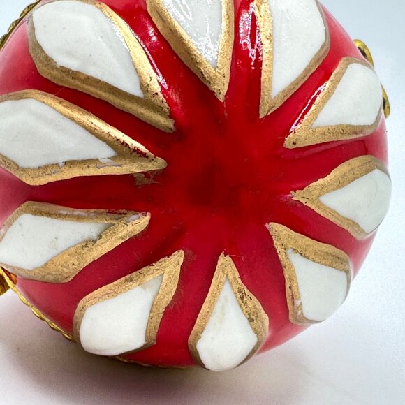 Red Gold Hinged Ornament Box White Accents 2" Diameter Decorative Christmas - Picture 3 of 6